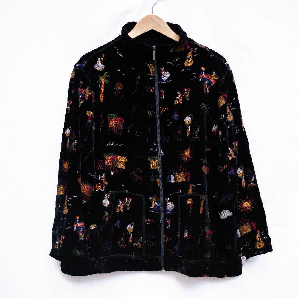 Vtg Y2K Chico's Design Velvet Blazer 3/XL/16 Embroidered Tropical Jacket Silk